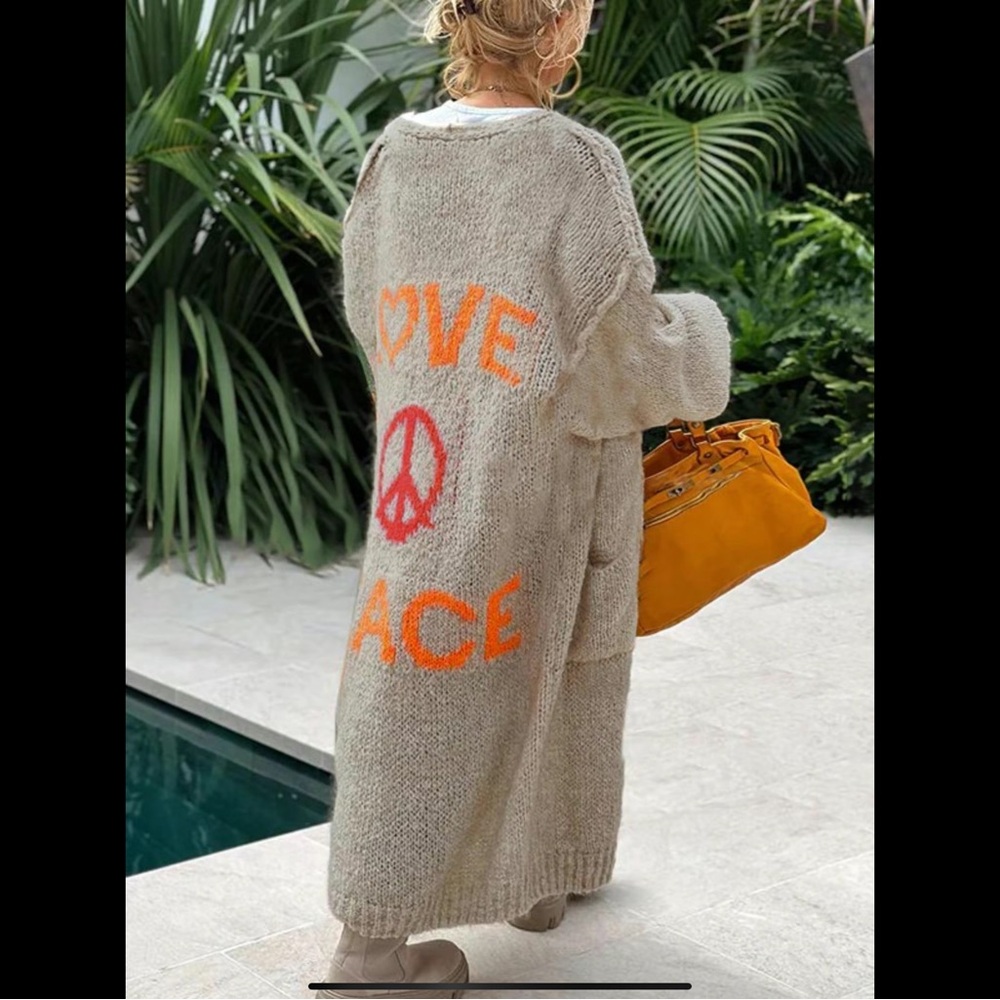Love Peace Graphic Long Duster Cardigan Oatmeal Chunky Knit Oversized, Pockets